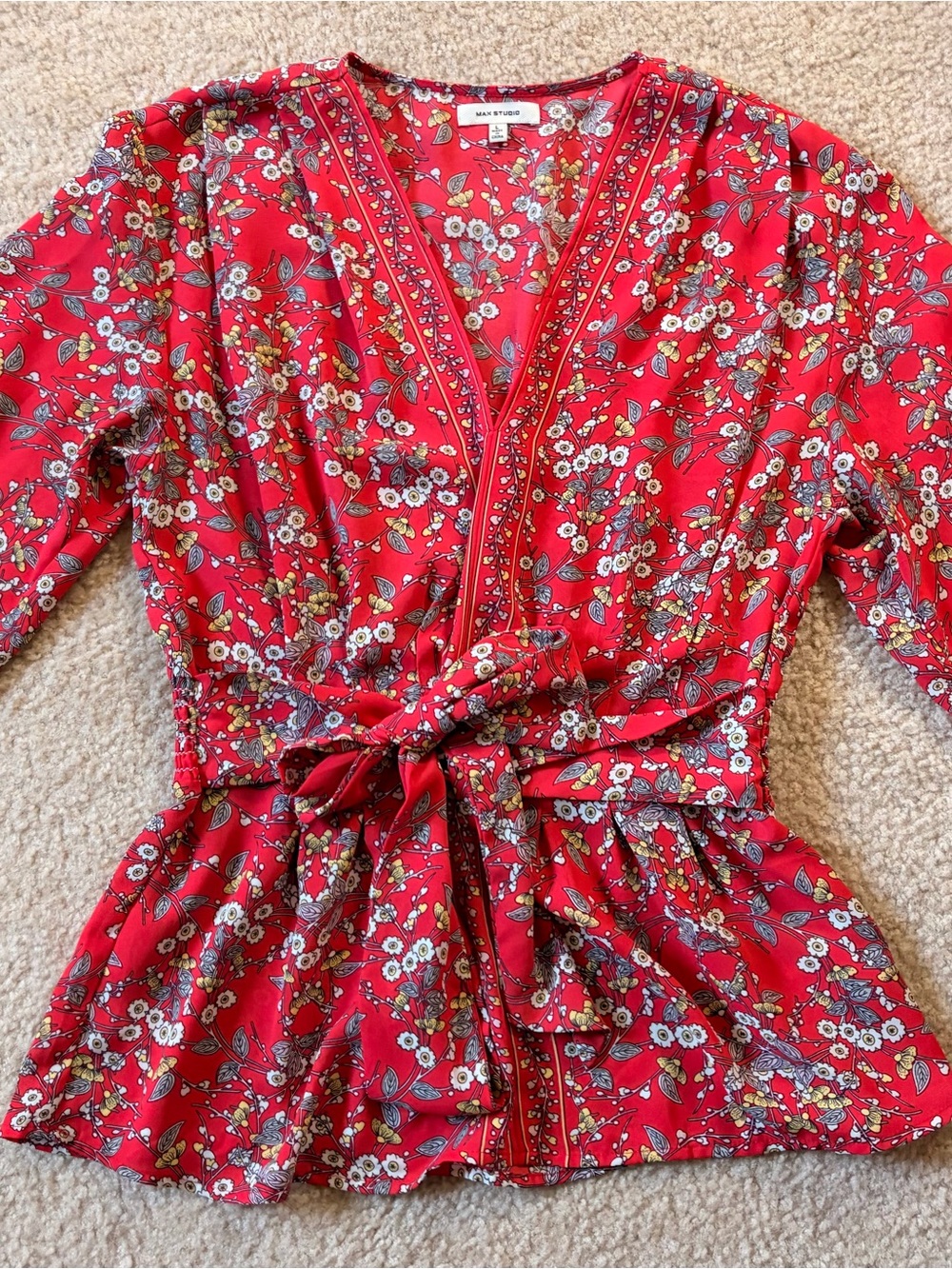 Max Studio Red Floral Tie Front Blouse | Women | L